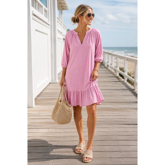 Lilla P Dresses & Skirts - Lilla P Pink Pima Cotton Modal Ruffle Hem Dress Sz M NWOT Coastal Resort Travel